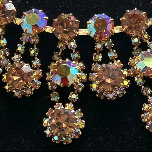Kramer, Stunning Vintage Amber AB Rhinestone Necklace & Earrings Set, Clips